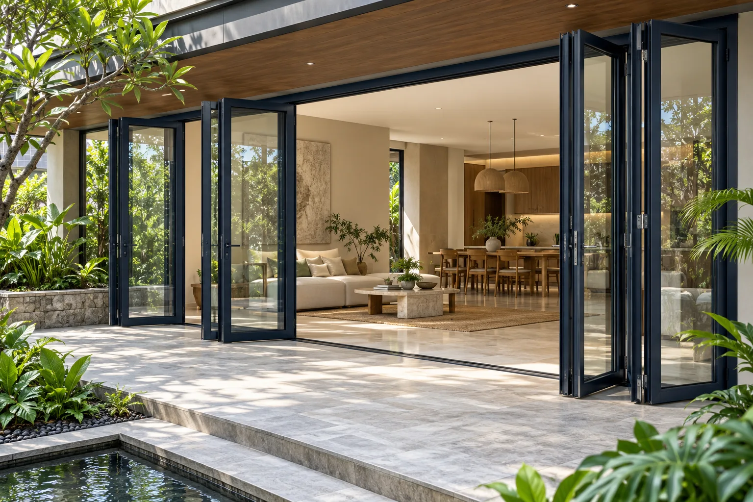 Referensi desain AI pintu lipat aluminium pada rumah tropis
